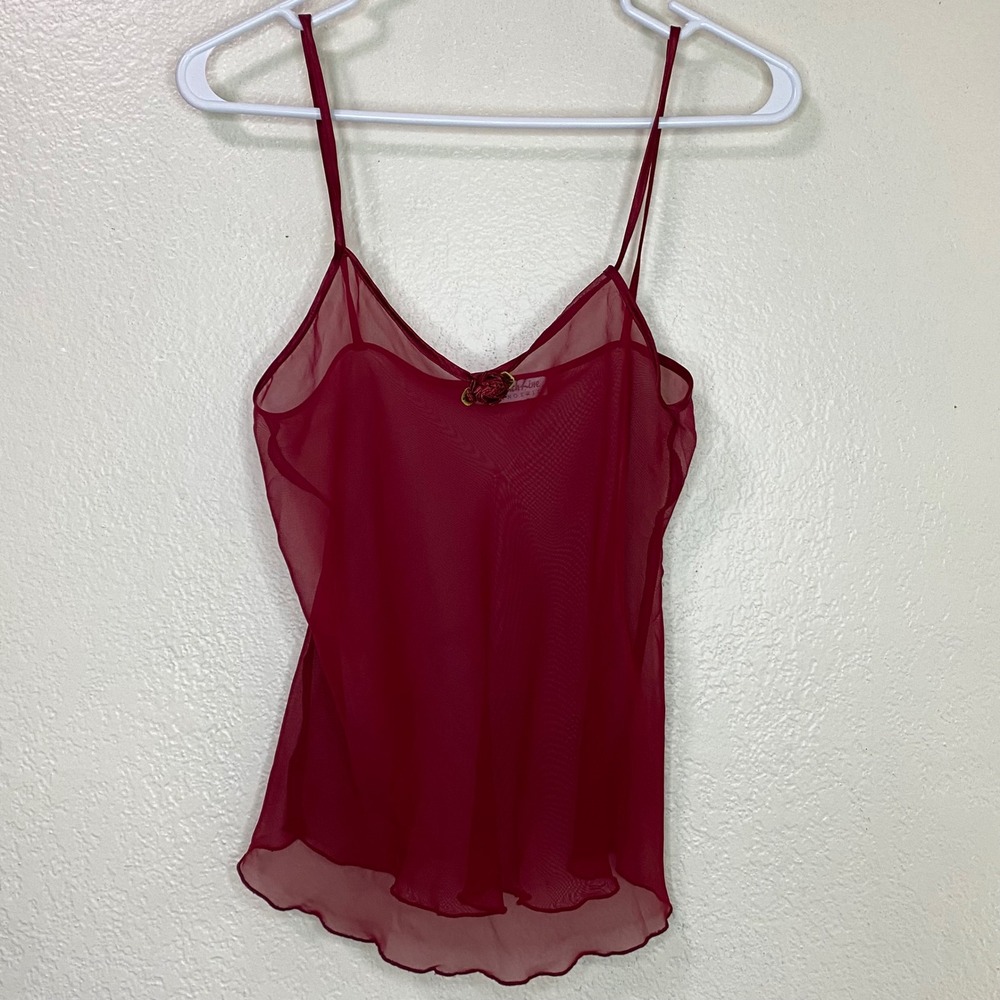 Vintage Lauch Line Lingerie Sheer Mesh Rosette Camisole Burgundy Red Size Small